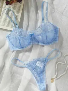 Women's Floral Embroidery Sheer Sexy Lingerie Set, Bow Decor Adjustable Strap Bra & Thong Set, Romantic Lingerie Set for Women, Underwear Sets, Clothing