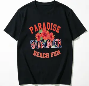 Paradise Summer Beach Fun Red Hibiscus Tropical Floral Varsity Letter Graphic Unisex Short Sleeve T-Shirt 100% Cotton Soft Breathable Crew Neck Vacation Summer Tee