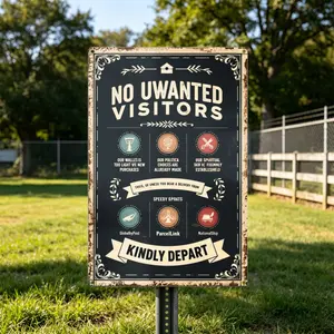 Vintage Rustic Framed Metal Tin Sign - 1pc 2D Flat No Unwanted Visitors Wall Art with Icons, Text, Dark Background, Delivery Services Humor, Floral Accents, Box Included, Perfect for Home, Porch