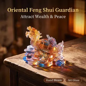 100% Hand Blown Liuli Dragon Turtle Statue - Colorful Gradient Art Glass - Traditional Chinese Feng Shui Guardian - Symbol of Prosperity Protection Good Luck - Unique Oriental Home Office Decor Gift