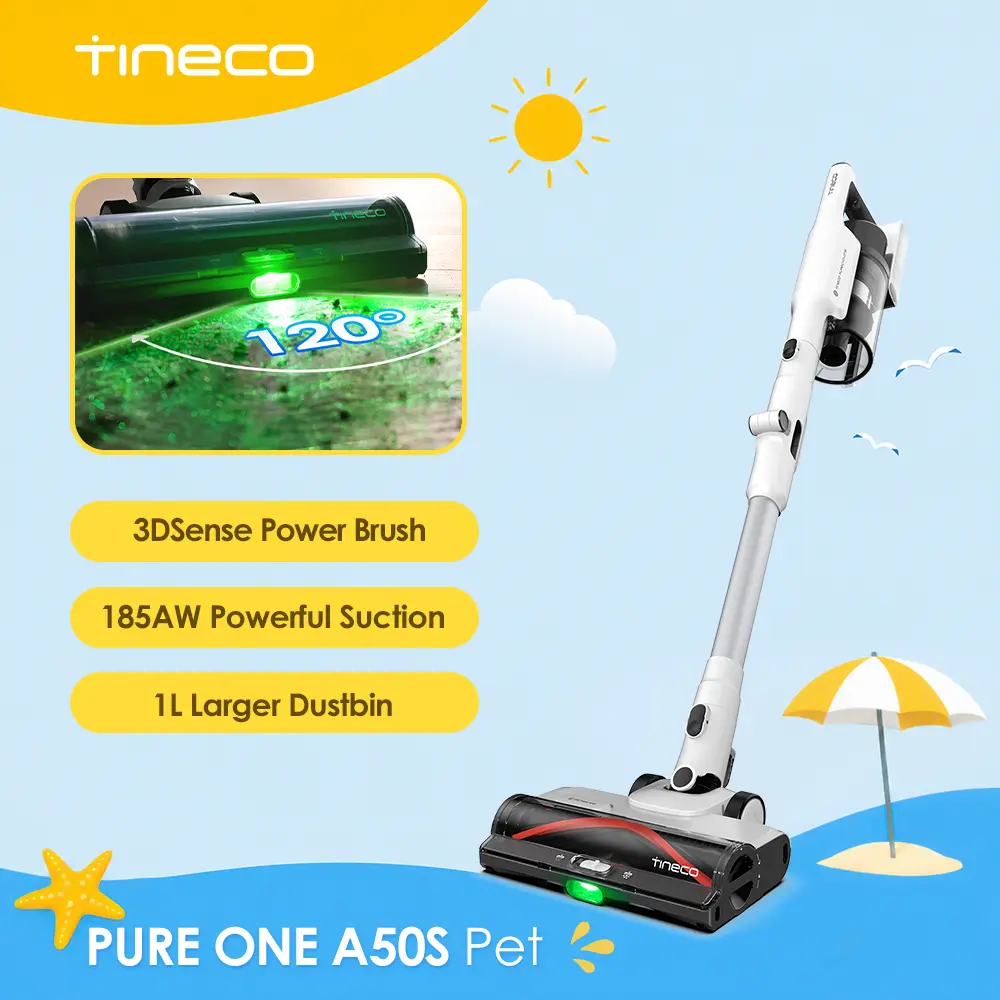 Tineco A50S Cordless Stick Vacuum Cleaner, 185W Suction,1L Larger Dustbin, 3DSense Power Brush, PureCyclone Tech, Easily Tackles Large Debris