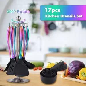 [17pcs Titanium Rainbow Silicone Kitchen Utensils Set] Heat-Resistant Nonstick Cooking Tools with Holder - Silicone Spatulas, Ladle, Skimmer & Stainless Steel Handles