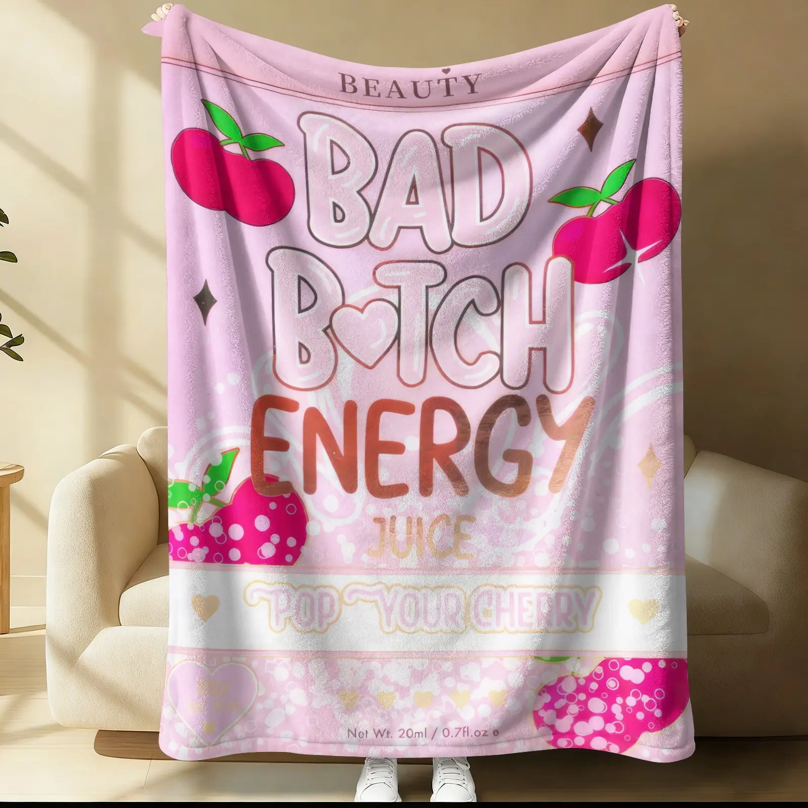 BAD Bitch Energy Juice Flannel Blanket,Y2K Kawaii Cherry & Strawberry Print Throw Blanket,Ultra-Soft & Cozy Warm Blanket,Vibrant Kawaii Cherry Themed Gift Blanket,Perfect for Couch,Bed,Dorm & Birthday Gifts for Bold