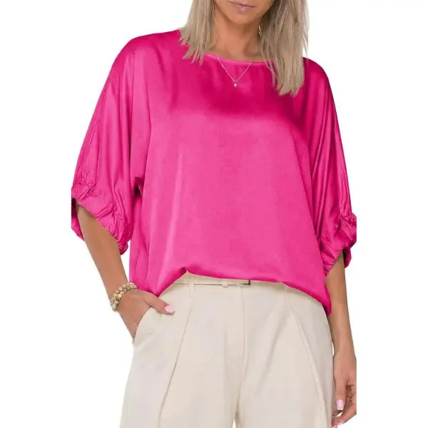 Fisoew Women's Smooth Breathable Silk Satin Blouse - Basic Solid Batwing Half-Sleeve Boat Neck, Loose-Fit Matching Dressy Business Casual Top, Elastic, Elegant, Lady