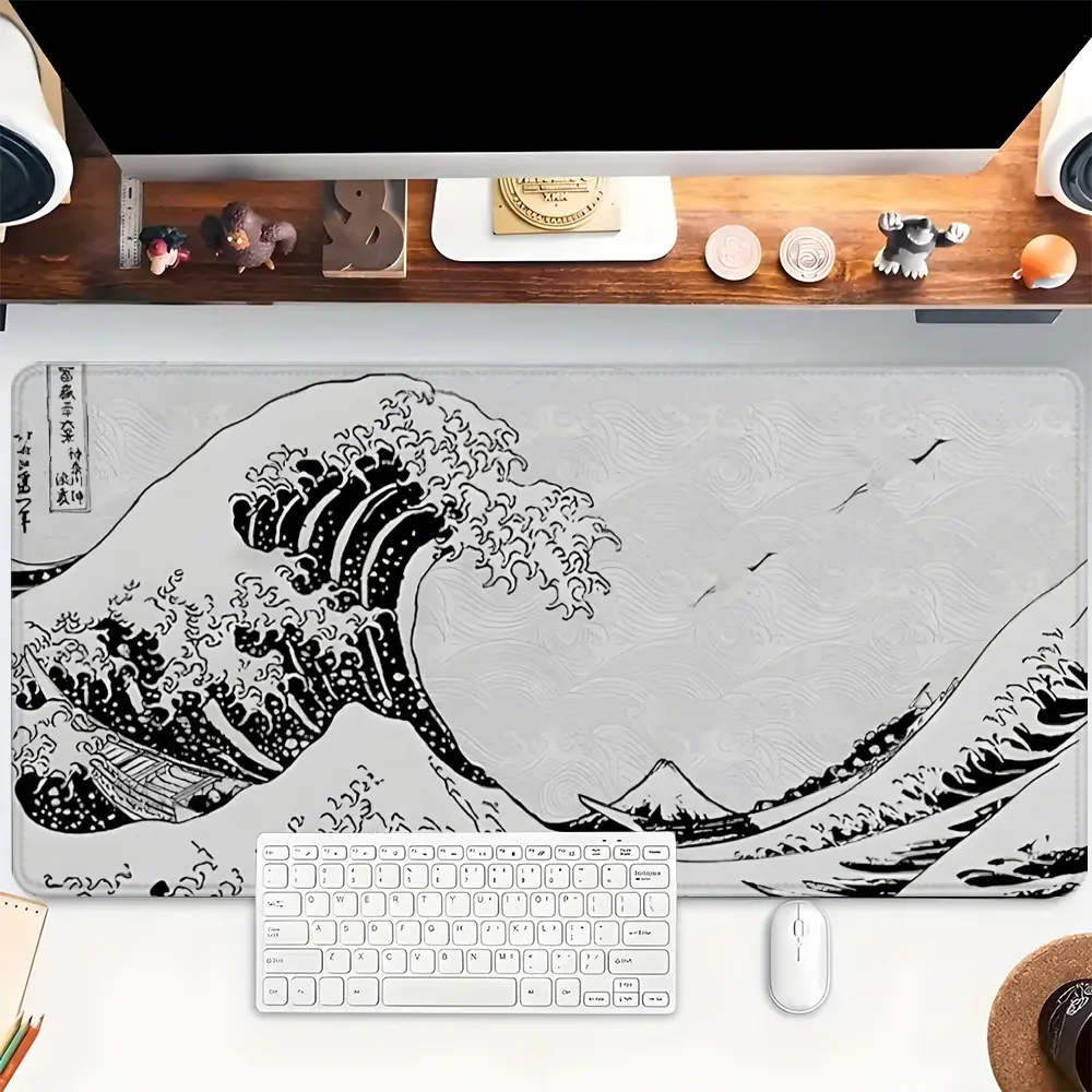 1pc Japanese Wave Gaming Mouse Pad Black and White Desk Mat Rubber Base with Stitched Edge Non-Slip Desk Gadgets Desk Accessories Computer Accessories Office Supplies XL Mousepad for Office Home as Gifts for Men Women Birthdays,Christmas,Halloween Day