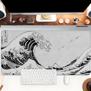 1pc Japanese Wave Gaming Mouse Pad Black and White Desk Mat Rubber Base with Stitched Edge Non-Slip Desk Accessories Computer Accessories Office Supplies XL Mousepad for Office Home as Gifts for Men Women Birthdays,Christmas,Halloween Day