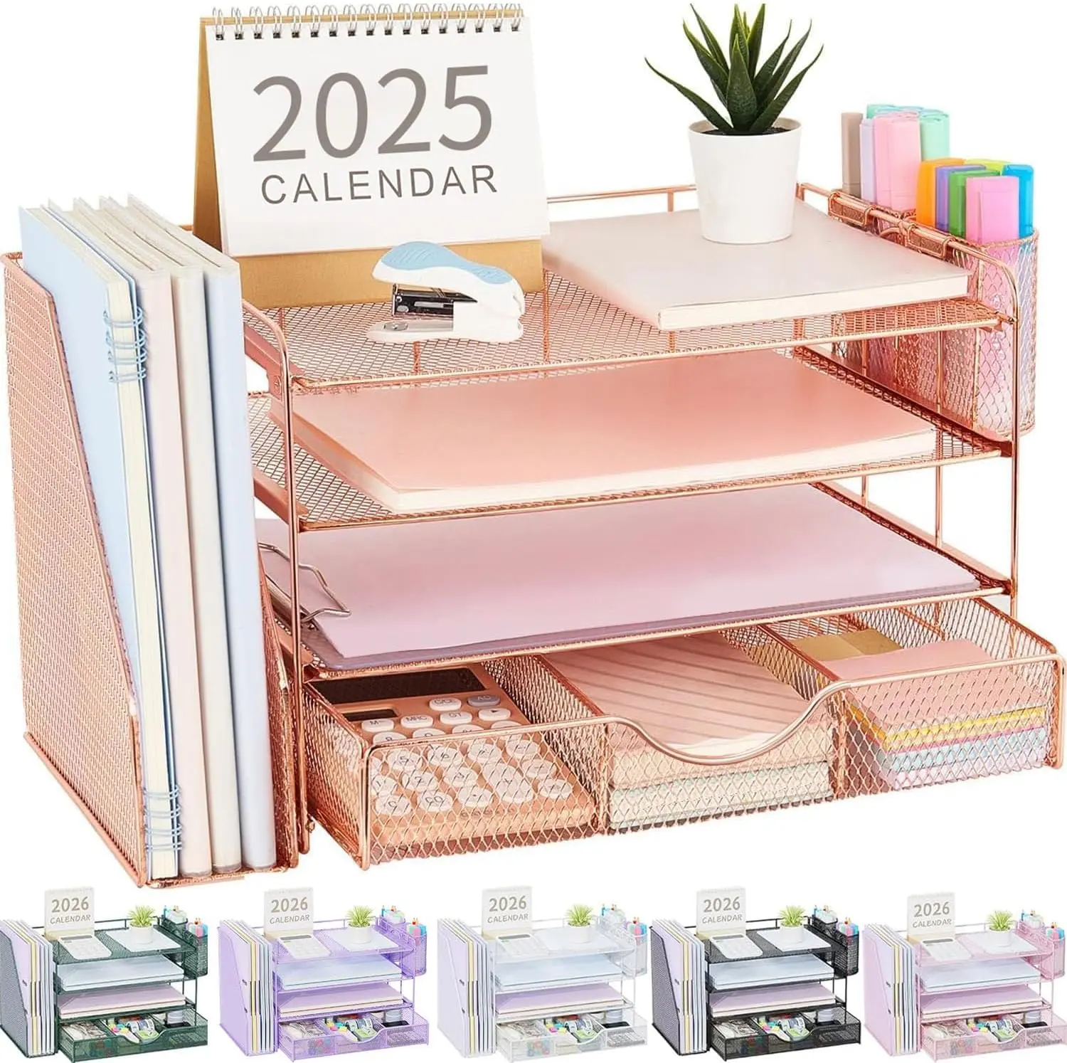 Desk Organizers and Accessories with File Holder, 4-Tier Desk Accessories & Workspace Organizers with Drawer and 2 Pen Holder, Paper Organizer for Office Supplies (Rose Gold)