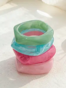 4pcs Set Geometric Summer Tie-Dye Resin Curved Beach Bracelet, Asymmetric Acetate Bracelet, Fashionable & Versatile for Women, Bracelet Stack, Bracelet Sets, Stackable Bracelets