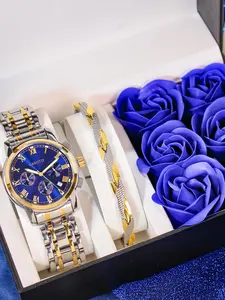 Men's Blue Dial Stainless Steel Watch, Night Light Roman Numerals, Waterproof, Mechanical Movement, Gift Box Set