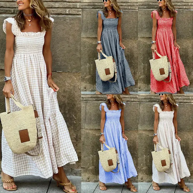 Long Maxi Dress with Pockets Floral Smocking Flutter Sleeves Tiered Layers Casual Dresses Breathable Comfort