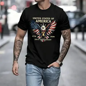 American 250th Anniversary T-Shirt | 1776–2026 White Eagle Flag Print, United States Theme Design, Comfortable Pure Cotton Fabric, Retro Street Style Casual Short Sleeve