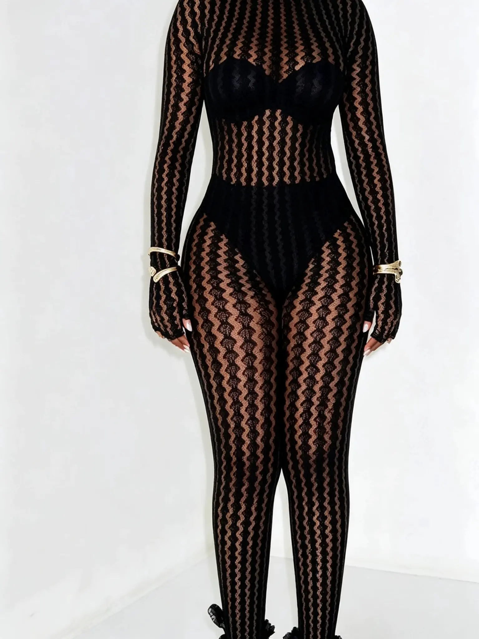 Women's Knitted Seamless Bodysuit Lingerie - Sexy See-Through Hollow Striped Long-Sleeve, Stretchy Skinny Midnight Style Women's Clothes with Comfortable Elegant Fit, Casual Wear, Lady, Elegance, Clubbing Clothes For Women