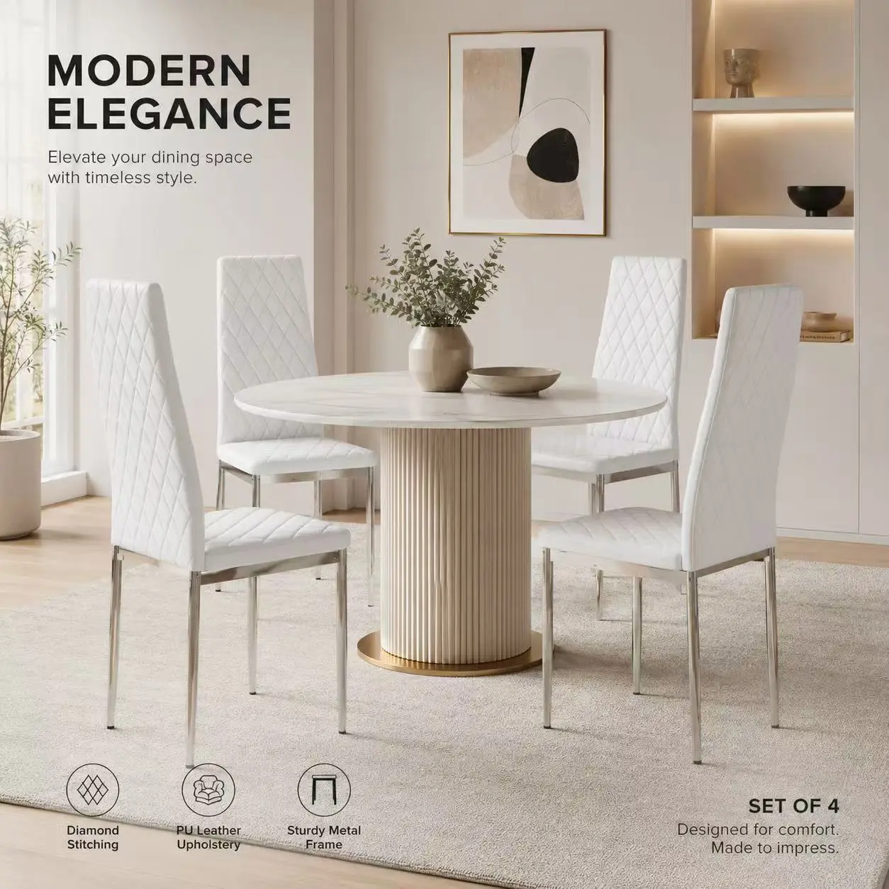 Modern Minimalist Dining Chairs Set of 4 - Indoor Home Furniture Functional Chairs with Waterproof PU Leather Dining Seats, Stable Silver Metal Legs, Mid-Back Support for Kitchen/Living Room, Easy Assembly, Black, Heavy Duty Chair, Comfy Chair