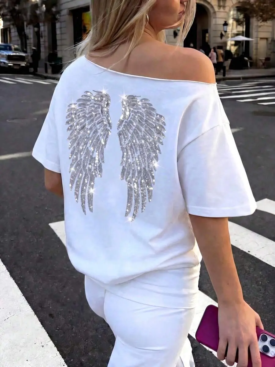 Sequin Embroidered Angel Wings Asymmetrical Shoulder Loose T-Shirt, Oversized Y2K Style Graphic Tees For Women Casual White Summer
