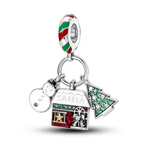 MULA 925 Silver-plated Snowman and Christmas Tree Pendant | Festive Enamel and Sparkling Zirconia | Holiday Jewelry for Women and Girls | Fits Pandora Bracelets and Necklaces | Perfect Christmas Gift