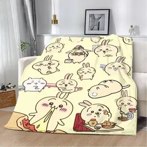 Cute Cartoon Chiikawa Printed Flannel Blanket Cute Bunny Flannel Blanket, Kawaii Rabbit Cartoon Throw Blanket, Ultra Soft Cozy Fleece Blanket for Couch Bed Sofa, Cute Room Decor Gift for Girls Kids Teens