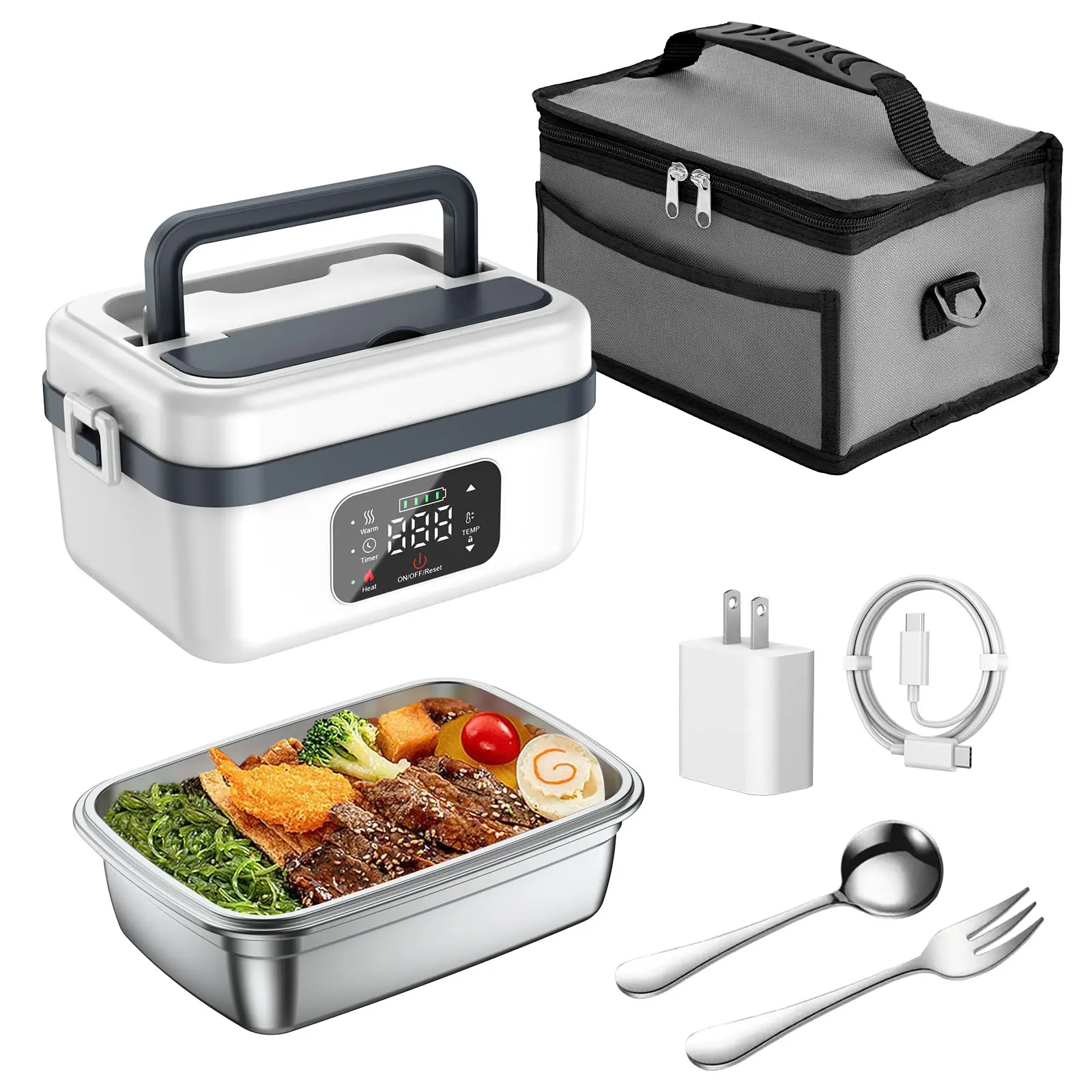 Cordless Electric Heated Lunch Box for Adults Men Women, Rechargeable Self Heating Battery Powered Food Warmer with 1L Container Fork Spoon and Insulated Carry Bag for Car Truck Travel Office Lunch Box that heats up food Portable Bento box
