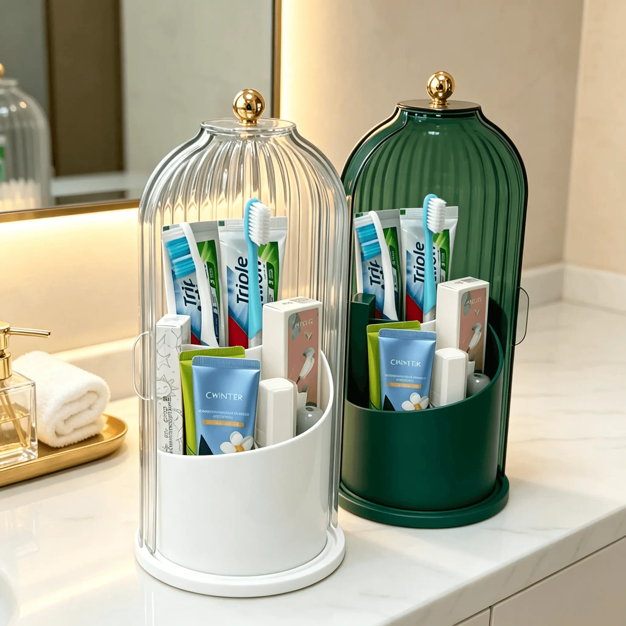 ABS Plastic Vanity Bell Jar Toothbrush Holder, 360-Rotating Freestanding Cosmetic Organizer with 180-Sliding Dustproof Lid, Waterproof Ribbed Transparent Multi-Section Caddy with 3 Height Divided Slots & Anti-Slip Base, Countertop
