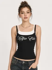 Aelfric Eden Contrast Layered Padded Cami Top Slim Cropped Fit Fake Two Piece Layer Design Built in Padded Cups Chest Cursive Logo Print High Stretch Ribbed Fabric Y2K Edgy Streetwear Women's Camisole