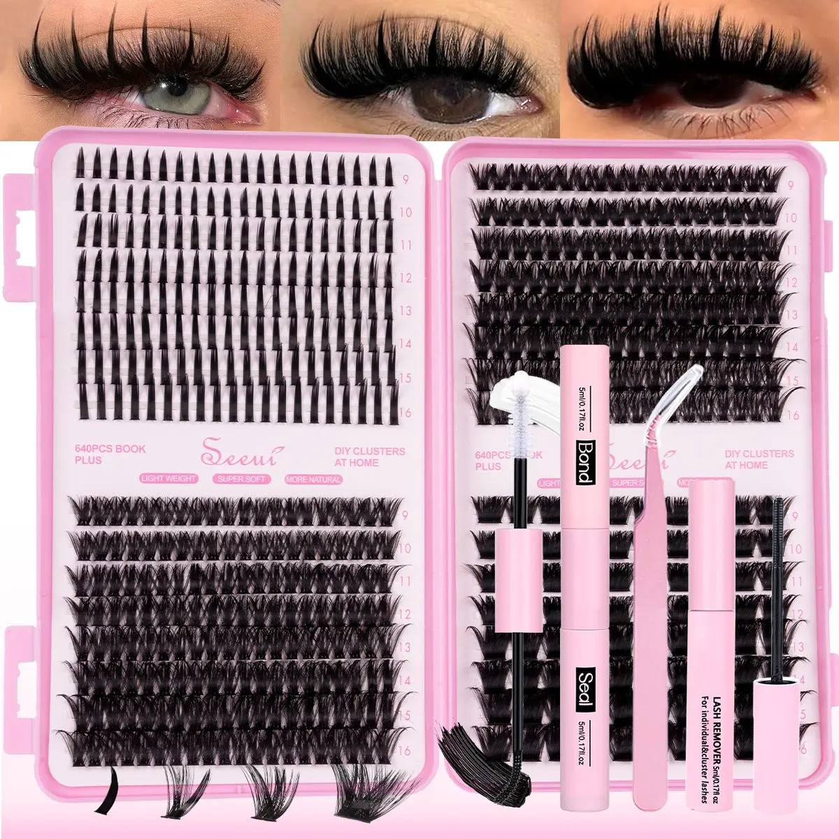 DIY Eyelash Clusters Kit, Fluffy, Voluminous False Eyelashes, Dense Mixed Lengths, Dense Spikes 60D/80D/Mega-Thick 200D Lashes, Manga Dense Lash, D Curl Individual Lashes, 9-16mm Lash Clusters, With Bond&Seal, Remover and Eyelash Tweezers
