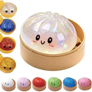 Glitter Dumpling Squishy Toy with Steamer - Soft Squeeze Dough Stress Ball - Colorful Sensory Fidget Decompression Gift for Kids & Adults