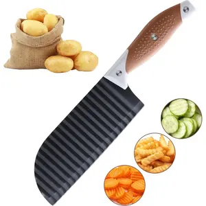 Crinkle Cutter for Veggies, Crinkle Cut Knife, Great for Veggies, French Fry, Potato, Cucumber, Carrot, Stainless Steel Wave Fries Cutter Slicer with Rubber Handle, Dishwasher Safe (Brown)