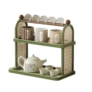 Colourtree Green Vintage 2-Tier Rattan Mug Holder - Countertop Coffee Cup Saucer Bottle Storage Organizer for Kitchen Bedroom Living Room
