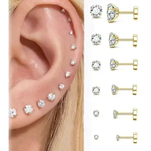 Fashionable 20G Hypoallergenic Flat Back Earrings for Women Men Silver 14K Gold Stainless Steel Stud Earrings Brithstone Cubic Zirconia Studs Surgical Steel Cartilage Earrings for Sensitive Ears