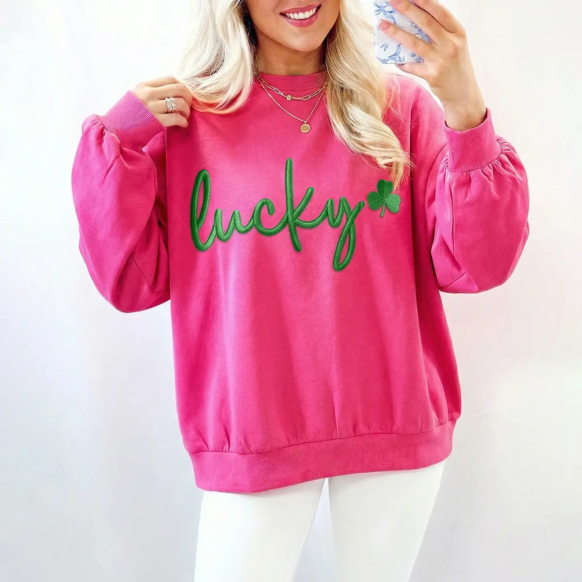 Mntaor Women's Rose Red Lucky Clover Embroidered Pullover Sweatshirt Perfect Gift & Lounge Essential