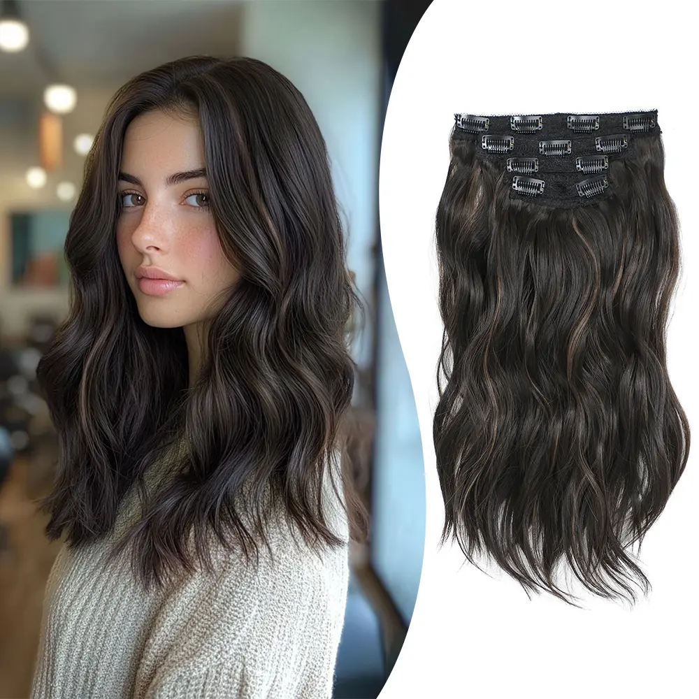Clip in Syntheic Hair Extensions 14inch Wavy 4PCS Thick Fiber Double Weft Natural Hair Extensions for Women curly soft hairpiece blend well  synthetic extension party highlight short curly hair extension