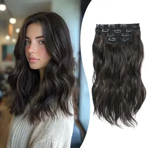 Clip in Syntheic Hair Extensions 14inch Wavy 4PCS Thick Fiber Double Weft Natural Hair Extensions for Women curly soft hairpiece blend well  synthetic extension party highlight short curly hair extension