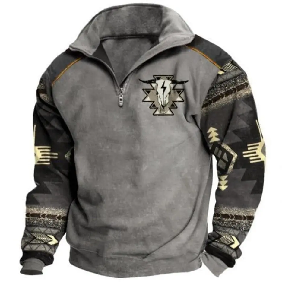 Obsidian Throne Aztec Cowboy Hoodie Vintage Western Graphic Men's Casual Long Sleeve Half-Zip Pullover with Pocket Stylish Day Outdoor Sweaters Tops Underwear Human Midi Layer Sweatshirts