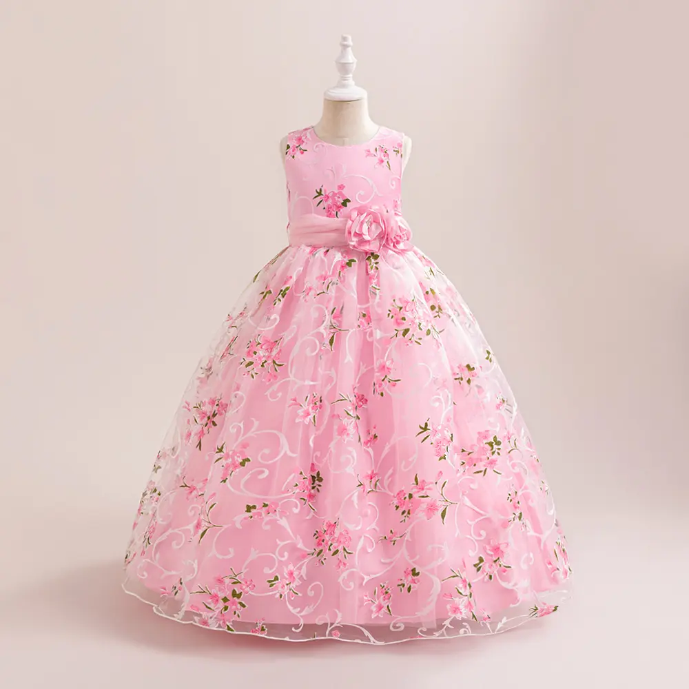 Pink Kids Clothes 0026 Floral Princess Long Ball Gown Frock Children Formal Evening Party Pageant Prom Host Cocktail Dress 3D Flower Girls 6-12Y