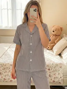 2 Piece Women's Striped Printed Fitted Pajama Set, Short Sleeve and Long Pants, Soft Comfortable Homewear, Button Front Cardigan for All Seasons