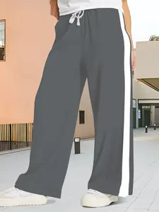 Plus Size Side Stripe Wide Leg Pants, Drawstring Elastic Waist Casual Pants, Commute Fitness Jogging Versatile Sports Pants, Training Pants, Drawstring Gym Pants