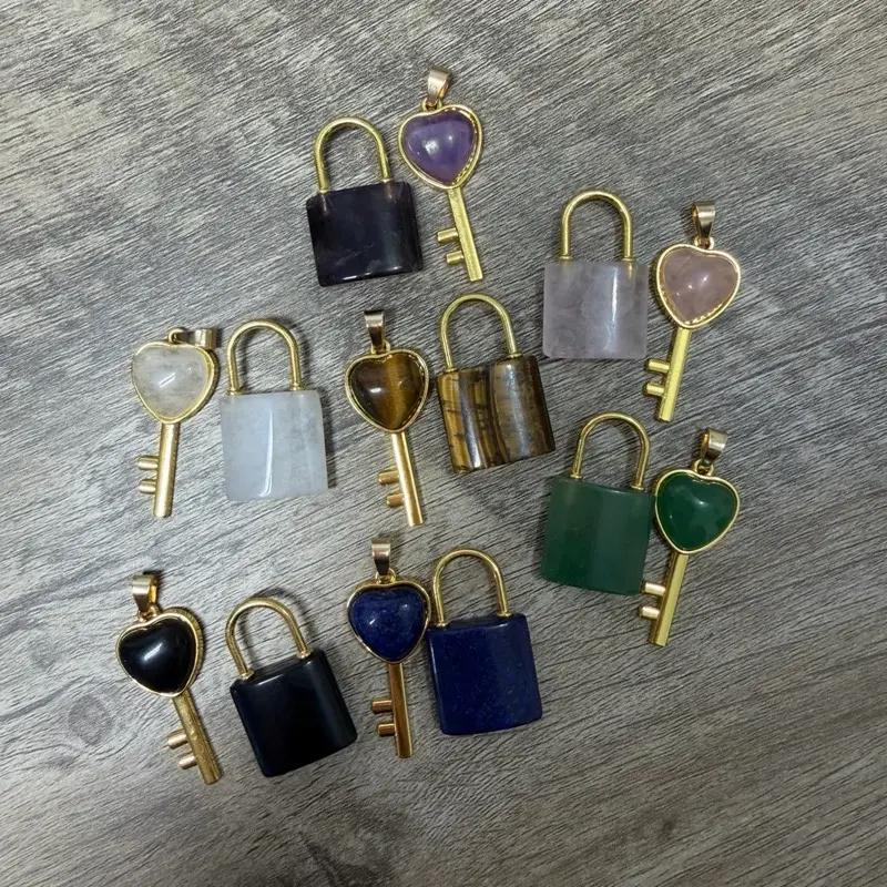 Amtiari Lock & Key Natural Stone Pendants – High Quality 14K Gold Plated, Elegant Jewelry for Daily Use