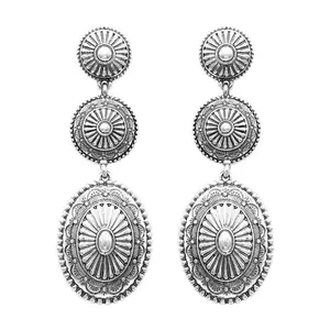 Classic Statement Western Style Triple Concho Long Dangle Earrings, 2.5" Silver Tone