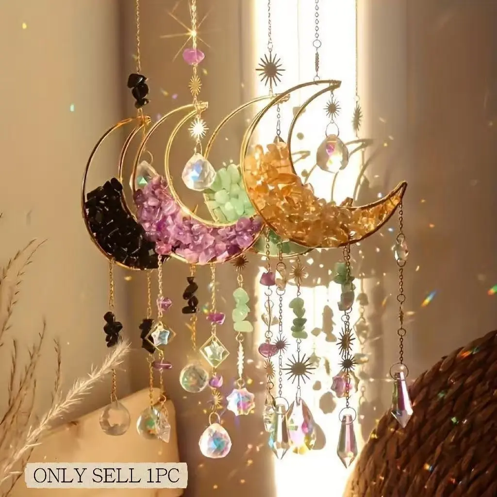 Moon Crystal Sun Catcher Car Pendant, Magic Rainbow Hanging Ornament, Fantasy Crystal Decor, Home Room Garden Window Wall Decoration, Wall Ornaments, Hangable Room Decor, Home Decorative Ornament, Creative Home Decor, Artistic Home Decor, Decoration Items