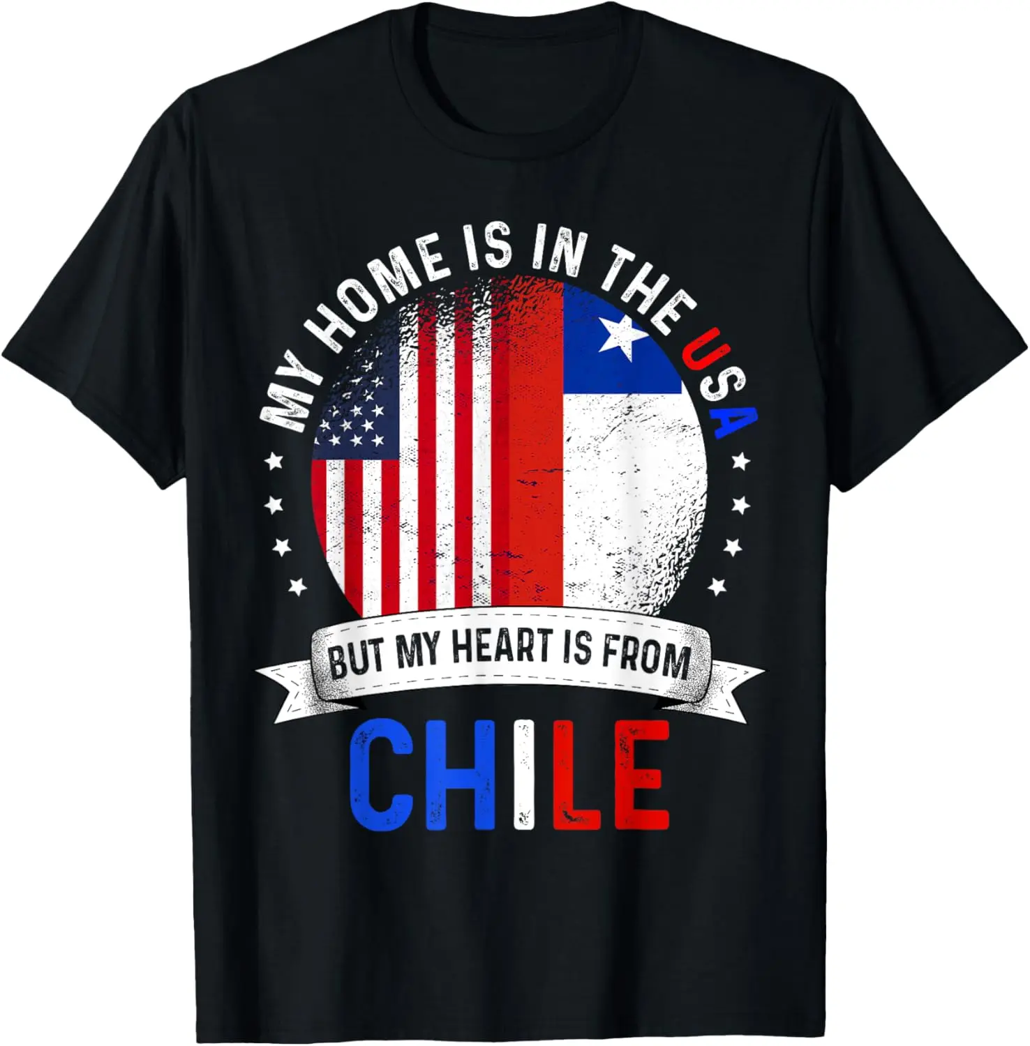 Women's 100% Cotton Short-Sleeve Vintage Top T-Shirt, Casual Distressed Graphic Round Neck, Chilean American Patriot Heart Chile Flag Design for Everyday Wear