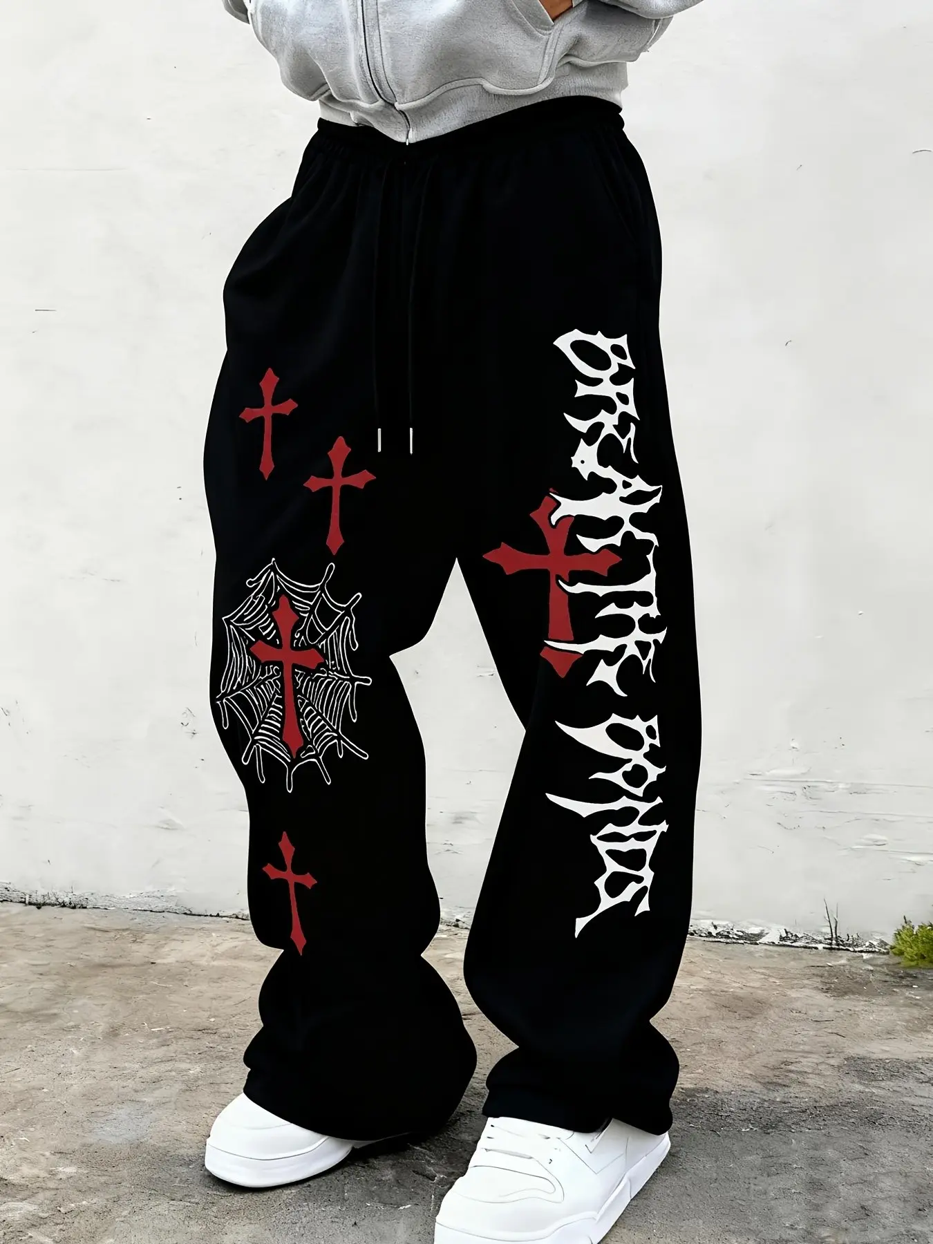 Men's Gothic Cross Print Wide Leg Graphic Sweatpants, American Street Spider Web Text Sports Pants, High Waist Long Trousers for All Seasons, High Waisted Sweatpants