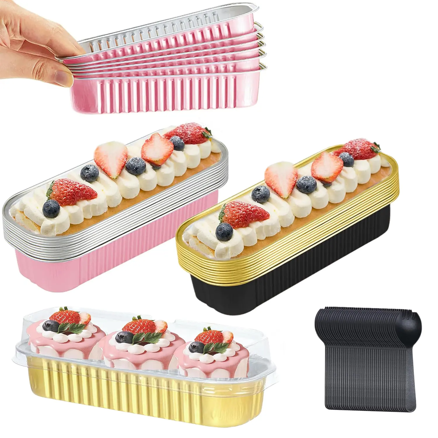100-Pack 6.8oz Rectangle Food Grade Aluminum Foil Mini Loaf Baking Pans with Lids and Spoons, Kitchen Bakeware for Cupcakes, Cheesecakes, Mini Loaf Pans