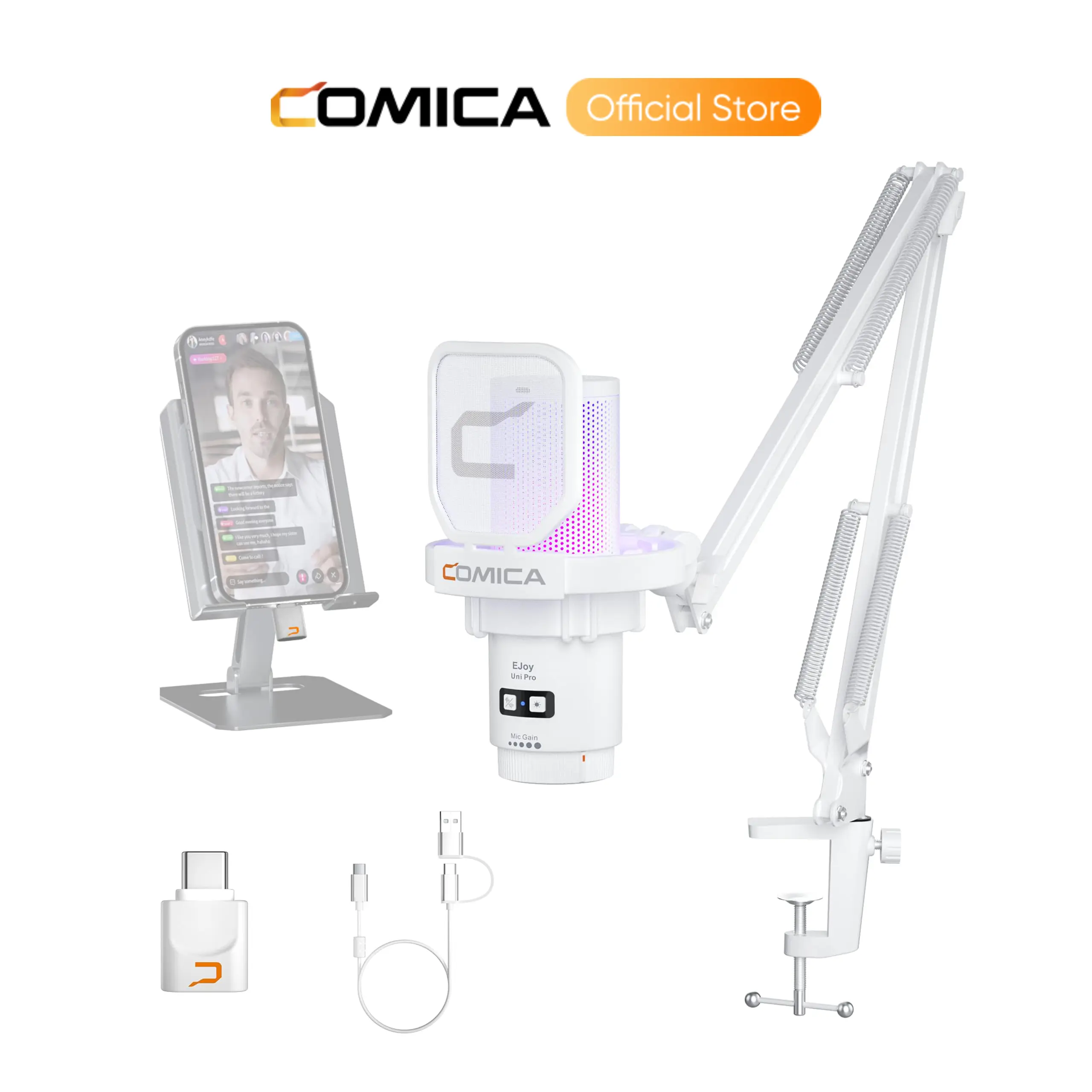 COMICA EJoy Uni/Uni PRO Wireless Gaming Microphone | RGB Condenser Mic with CalMix Noise Reduction | Adjustable Boom Arm • Plug & Play • 50H Battery | PC/Mobile Compatible for Streaming & Podcasting