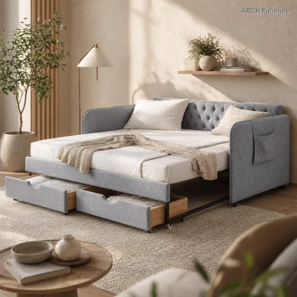 Grey Linen Blend Upholstered Convertible Twin-Size Sleeper Couch - Mid-Century Retro Style Comfy Space-Saving Furniture with Trundle Bed, 2 Storage Drawers, Flat Arms with Pockets, Mattress-Compatible for Bedroom, Living Room