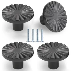 4 Pack Matte Black Sunflower Cabinet Knobs – Decorative Plastic Drawer Pulls with Mounting Screws, Vintage Floral Knobs for Kitchen Cabinets, Bathroom Vanities, Dressers and Home Improvement