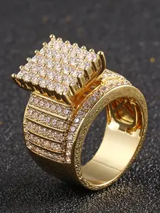 Hip hop high-quality gold ring, square zircon diamond engagement ring suitable for men and women, fashion trend dominates ring accessories, music festival, carnival trend accessories, suitable for wedding engagement ring gifts