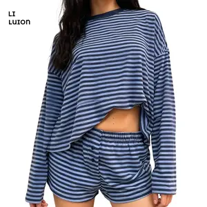 Womens Fall Spring Striped Matching Set Crewneck Long Sleeve Sweatshirt And Mini Shorts Lounge Sets 2 Piece Sleepwear