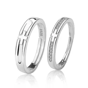 Simple CZ Cross 925 Sterling Silver Adjustable Promise Ring