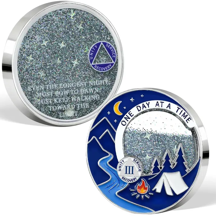 1-3 Year Moving Sand 3 Year Sobriety Coin - Liquid Glitter AA Coins, One Day at A Time Sober Chip Recovery Milestones Medallions Sobriety Gifts for Women & Men Celebrating Three Year Sober
