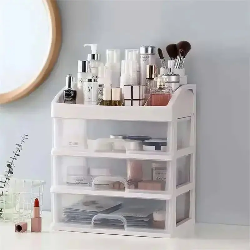 1pc Transparent Plastic Four Layer Three Drawer Desktop Drawer Style Cosmetic Storage Box Dressing Table Storage Rack Organiser