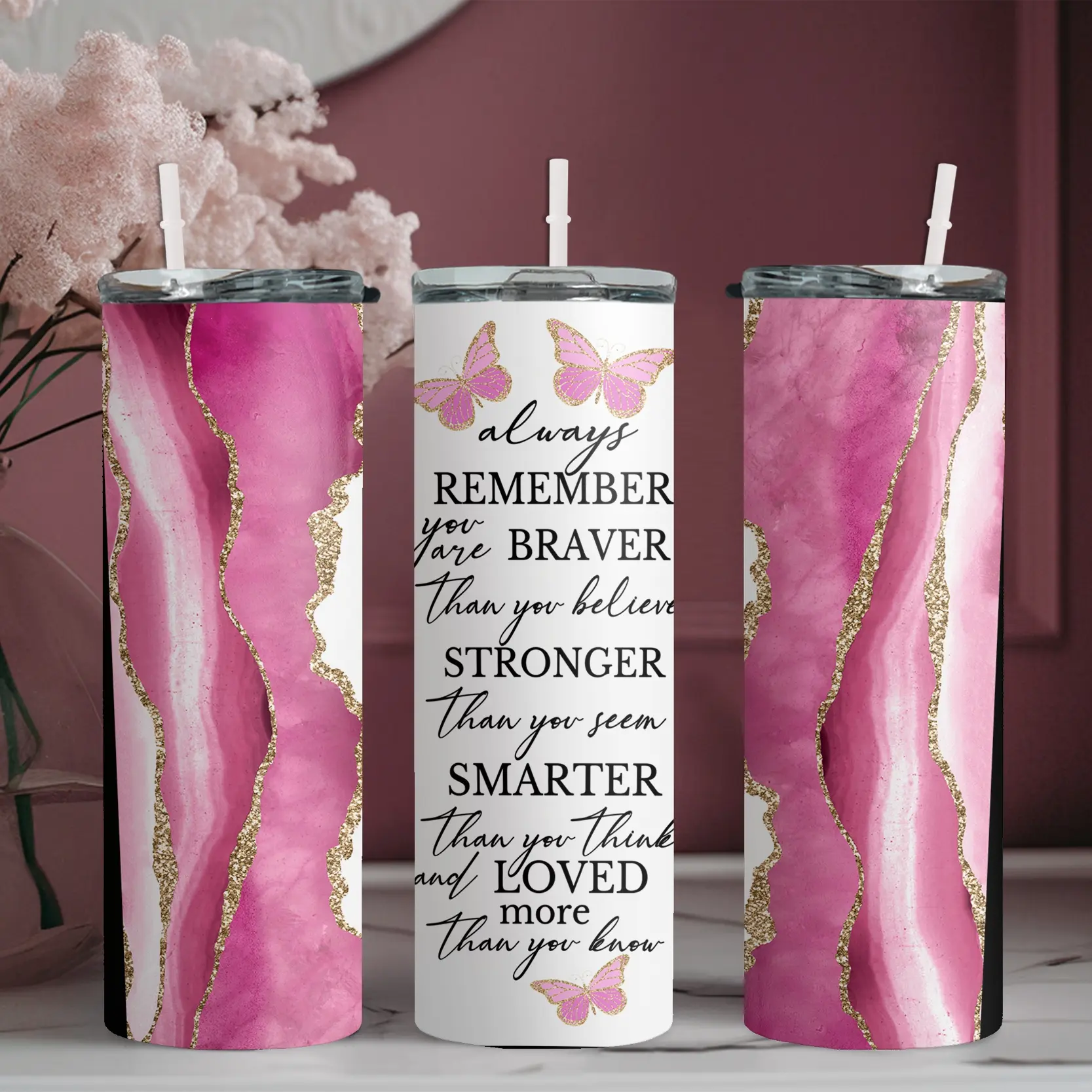 20oz Stainless Steel Skinny Tumbler Flask - Airtight, Leakproof Straw Water Bottle, Cute Pink Marble & Butterfly Style, Personal Size Kitchenware Drinkware, Ideal for Driving, Cafes, Home Use, Great Gift | 1pc, Bpa Free, Daily Use, Flasks, Durable